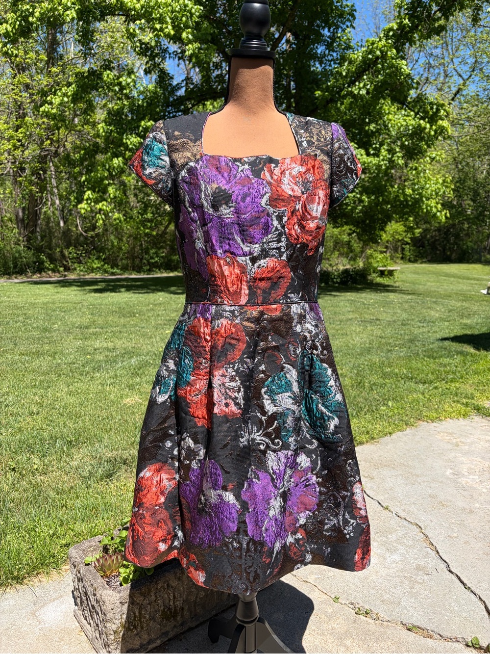 Lourdes Chavez Floral Jacquard Fit-and-Flare Midi Dress in Purple & Teal Blooms
